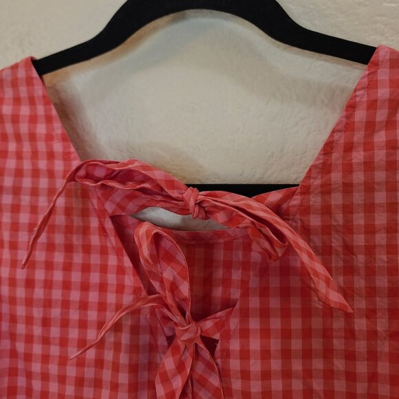 J.Crew Top Womens XS Coral Orange Gingham Sleeveless Cotton Ruffle Bow Tie Back - Picture 8 of 16
